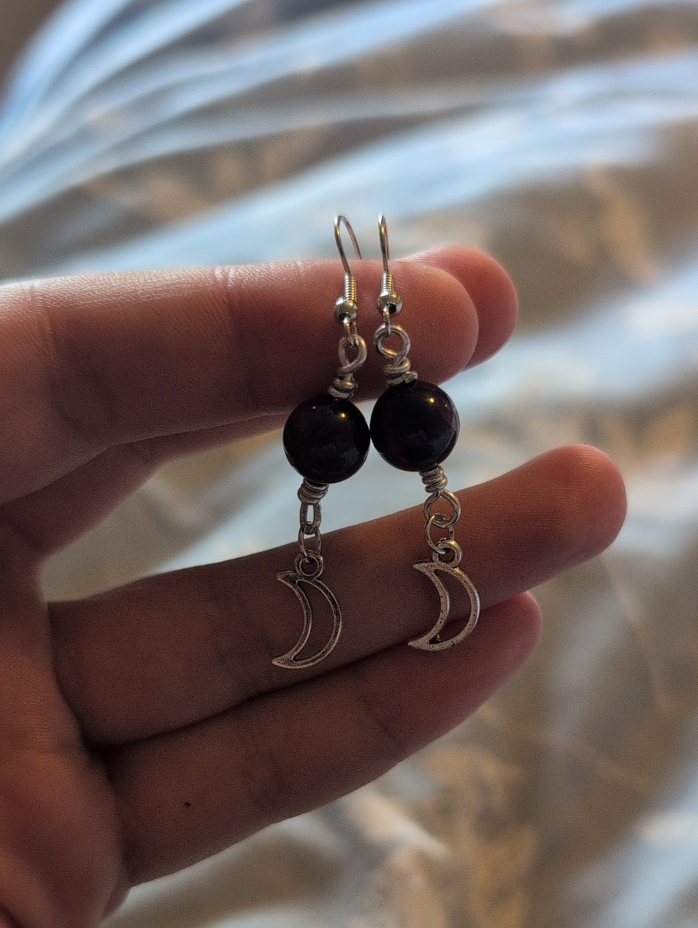 Silver Crescent Moon Drop Earrings with Dark Purple Beads/ Purple Tiger Eye